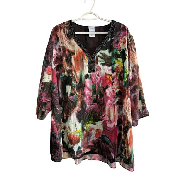 Vicki Wayne 3/4 Sleeve Floral Embellished Neck Top Womens Size 3X artsy bohemian - Picture 1 of 7